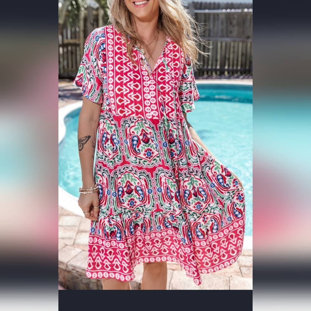 Pink Bohemian Print Tie Neck Short Dress